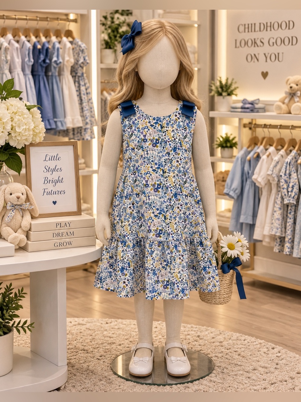Blue Floral Bow-Shoulder Casual Dress for Girls